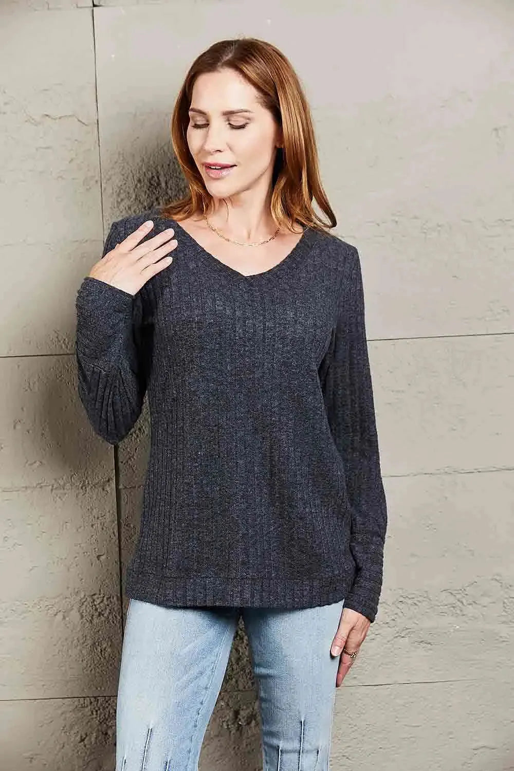 Double Take V-Neck Long Sleeve Ribbed Top Black Blouses - Tophatter Daily Deals